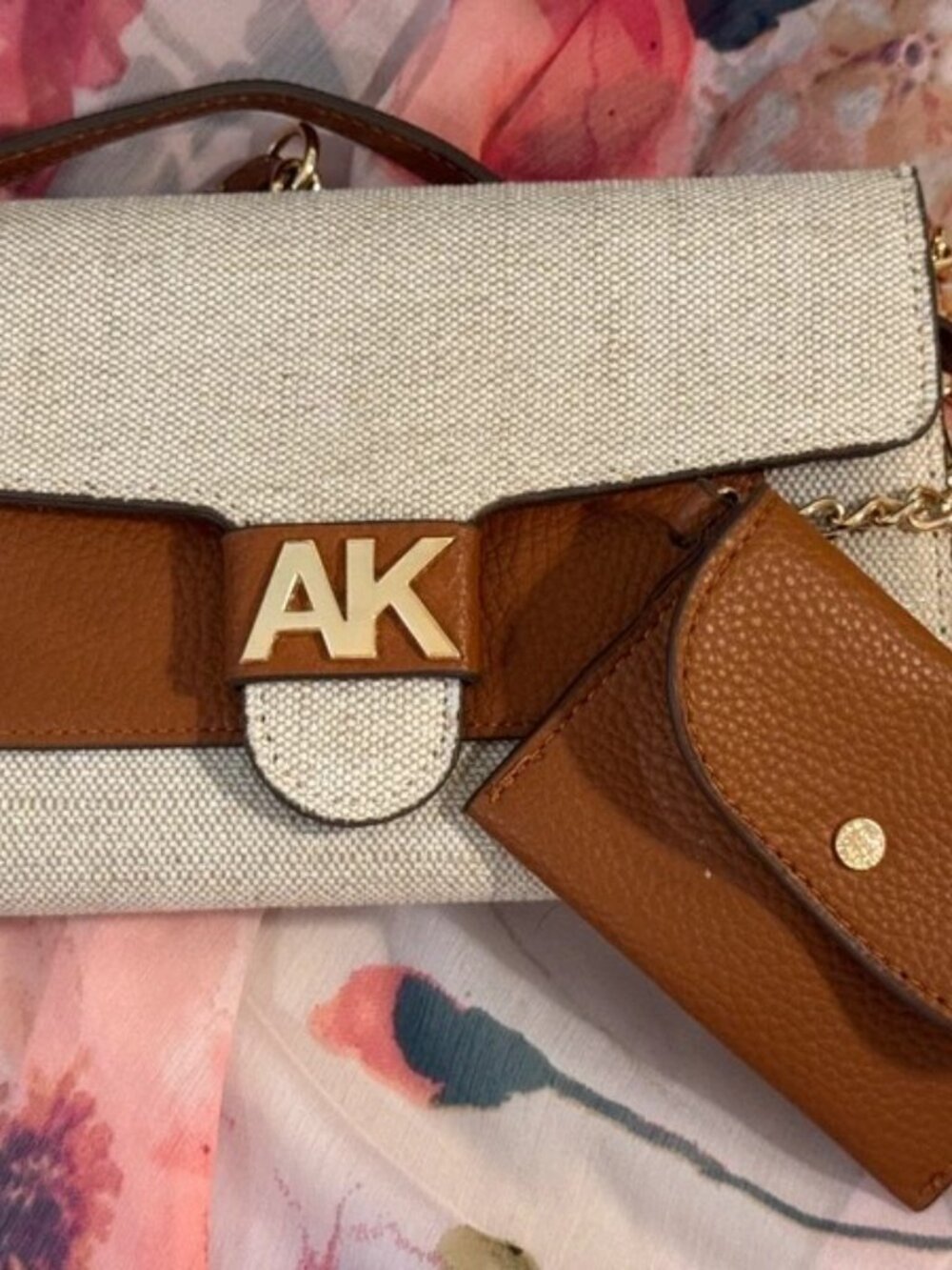 Anne Klein Cream and Brown Crossbody Bag with AK Logo